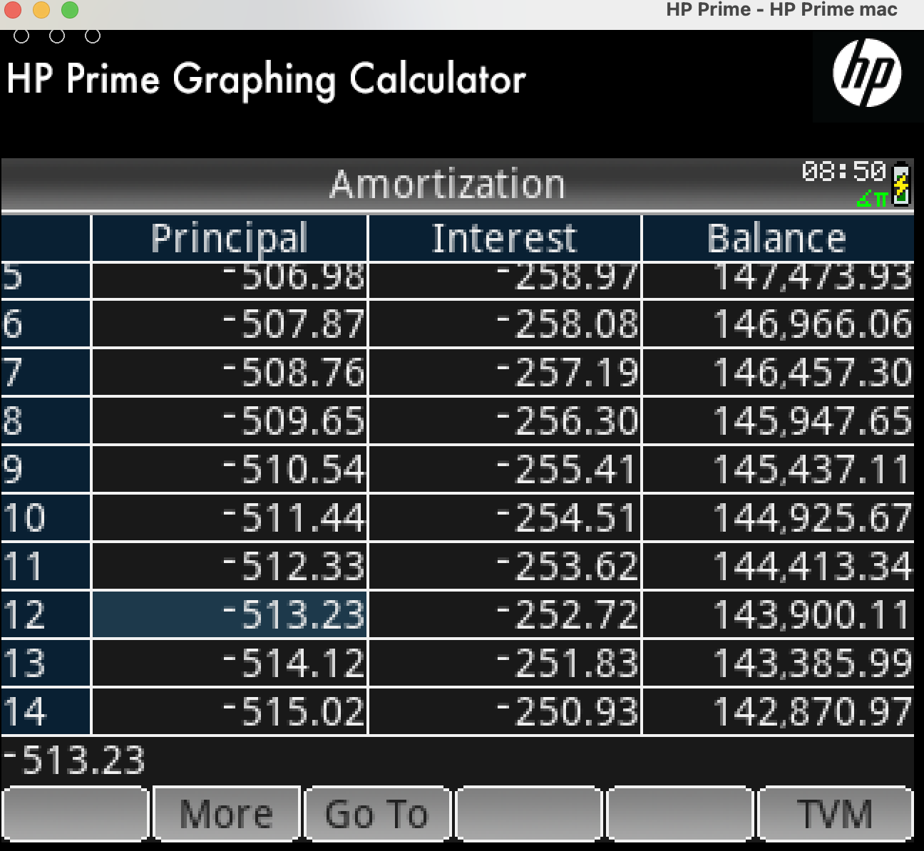 HP Prime finance mortgage partial payment amortization table