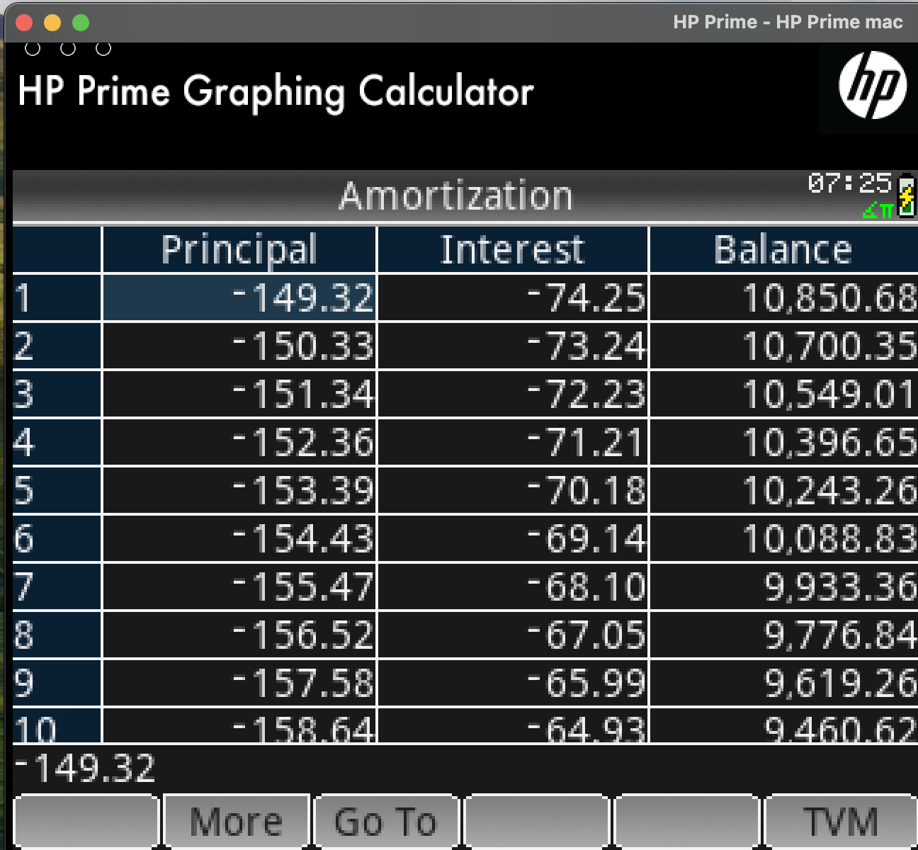 HP Prime finance amortization table