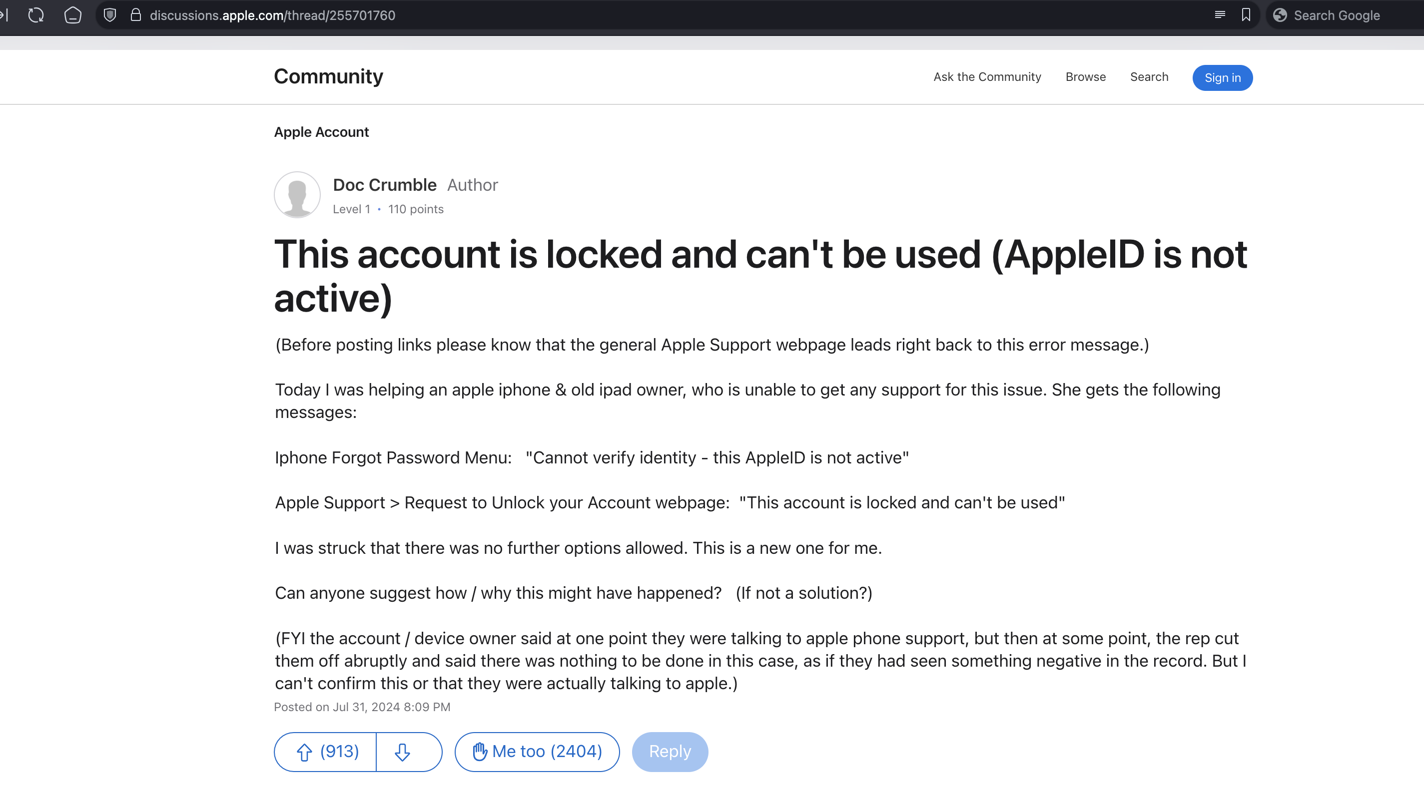 A screenshot of a discussion in Apple support about locked accounts