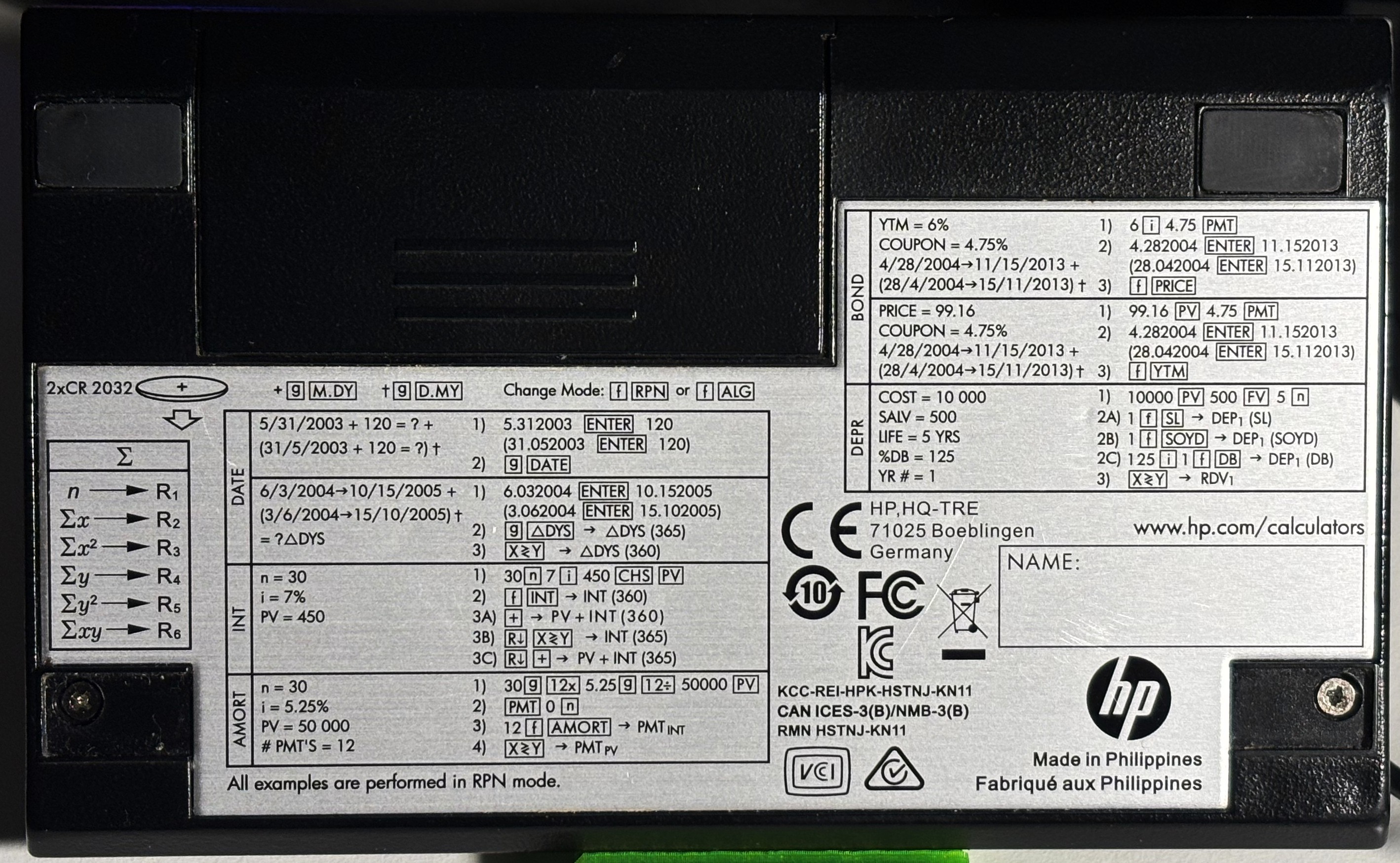 HP 12c platinum back
